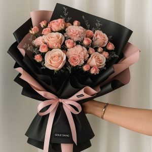 Chic Peach Rose & Carnation Black Wrap Bouquet