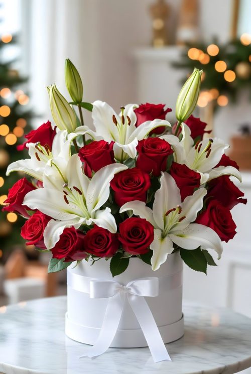 Elegance Bloom Box: Red Roses & Pink Lilies